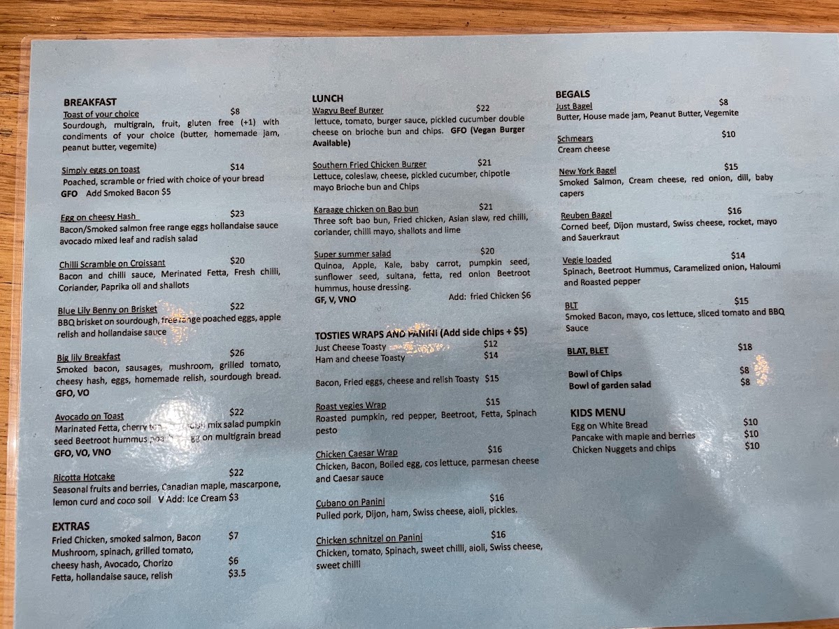 Blue Lily Cafe menu board