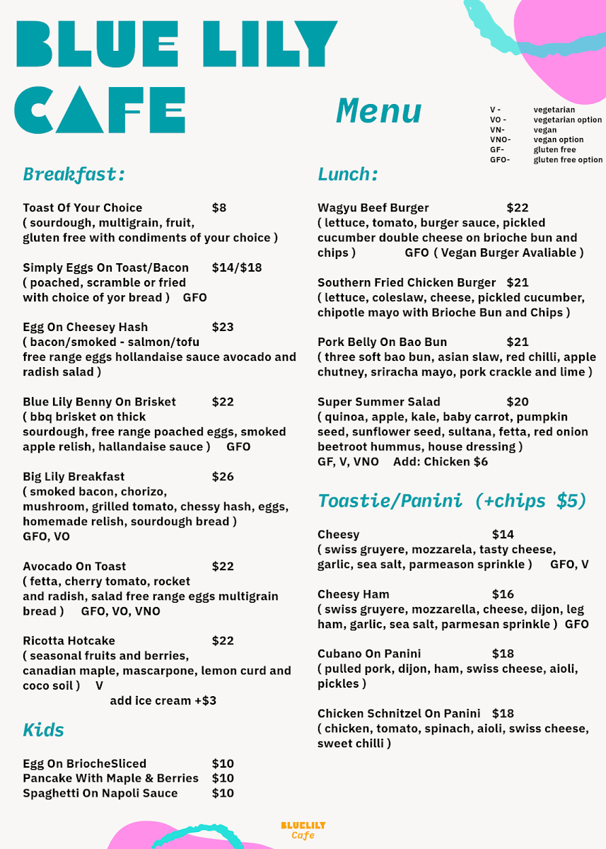 Blue Lily Cafe menu board