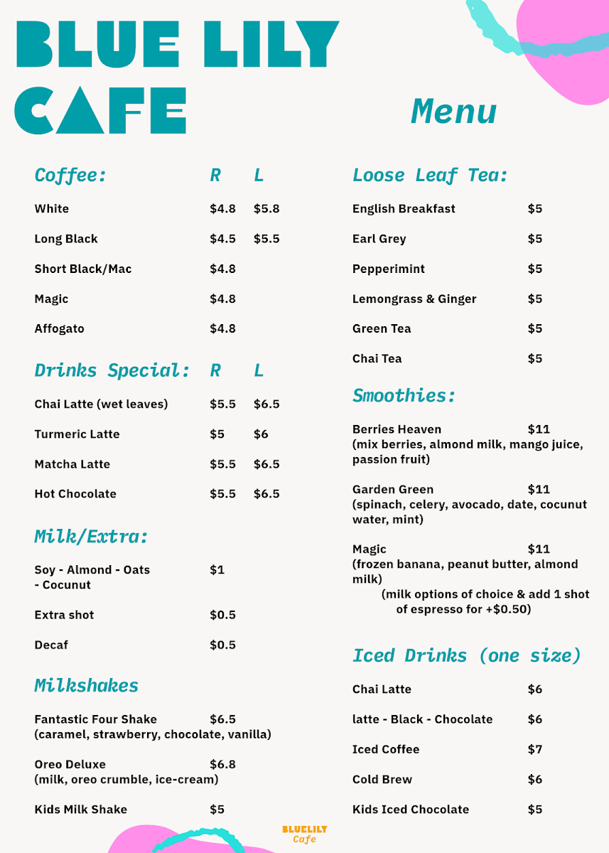Blue Lily Cafe menu board