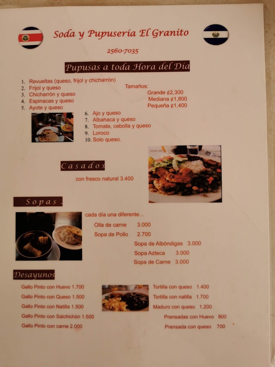 Pupusería El Granito menu board