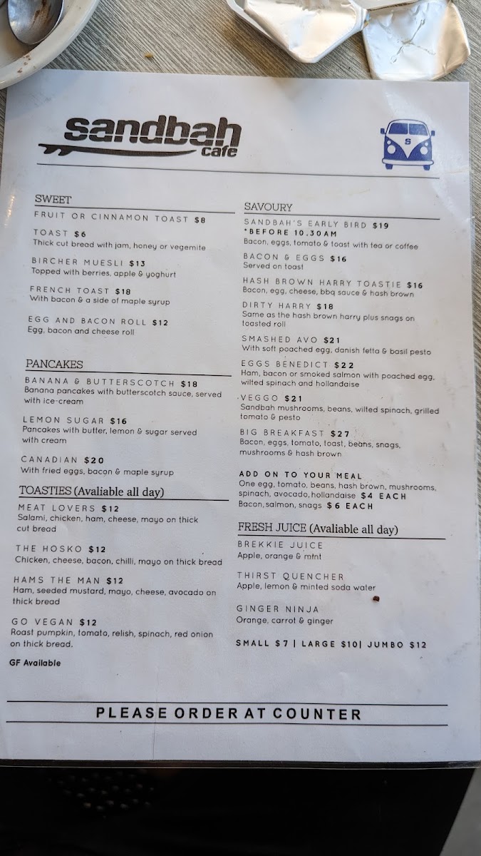 Sandbah Cafe menu board
