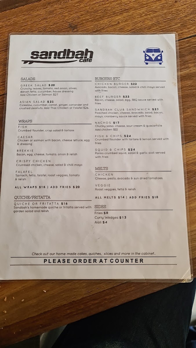 Sandbah Cafe menu board