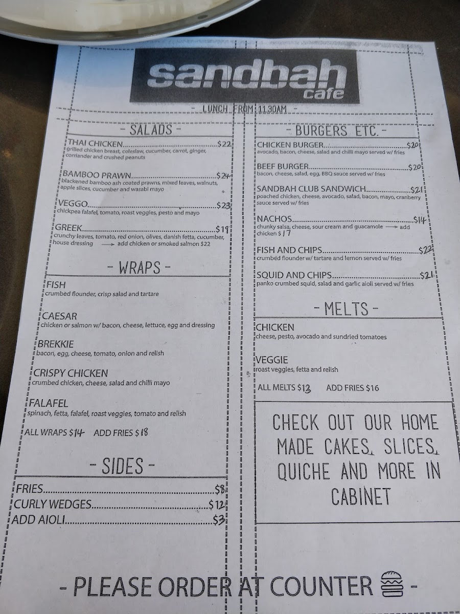 Sandbah Cafe menu board