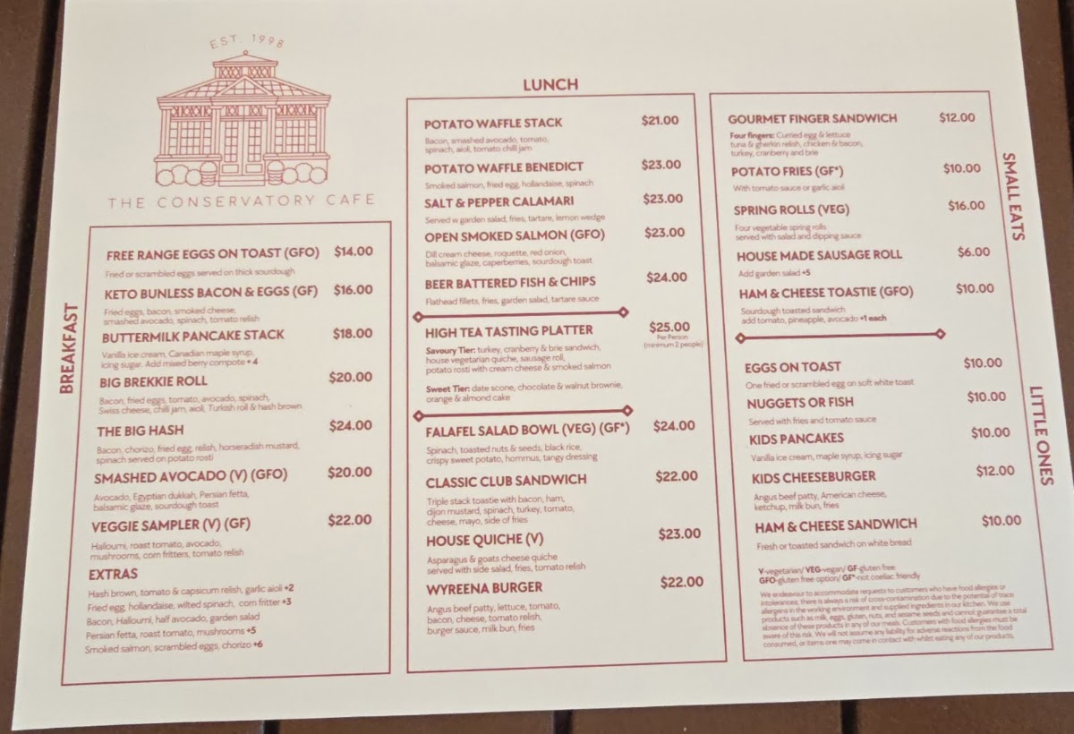 The Conservatory Cafe menu board