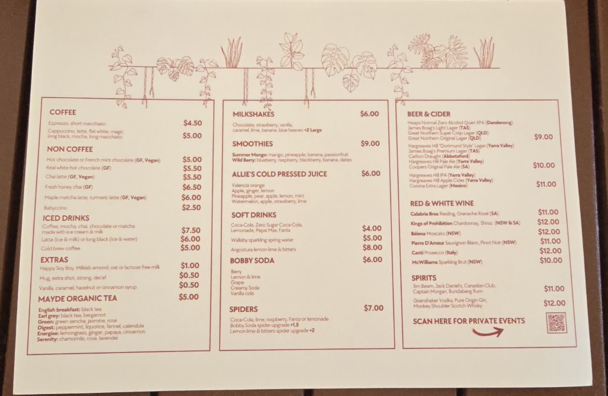 The Conservatory Cafe menu board