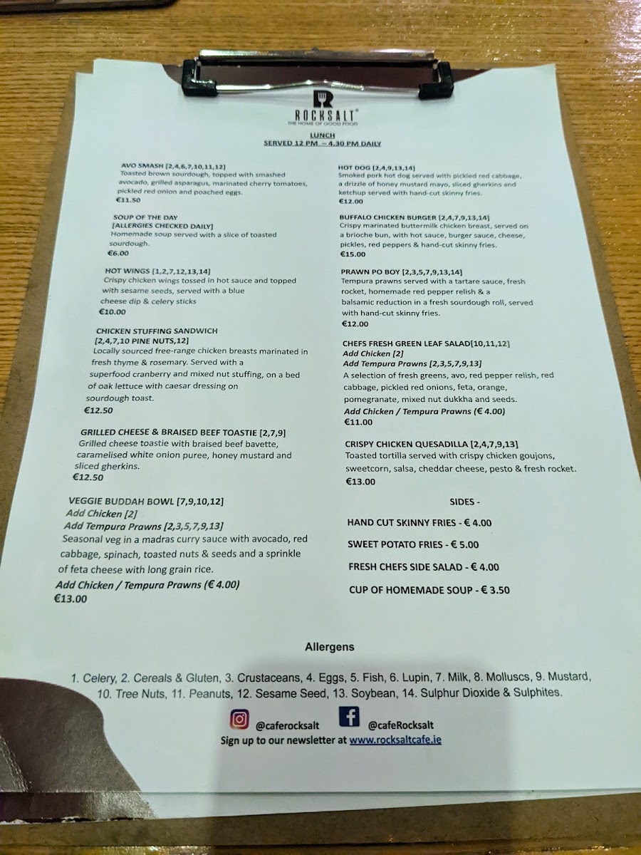 Rocksalt Cafe Dundalk menu board