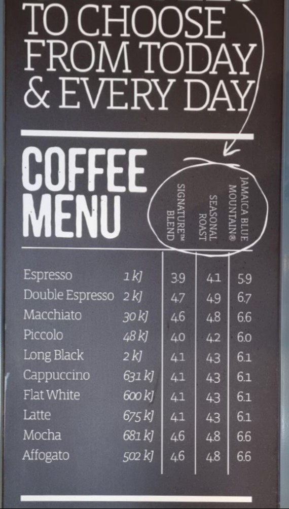 Jamaica Blue Willetton Southlands menu board
