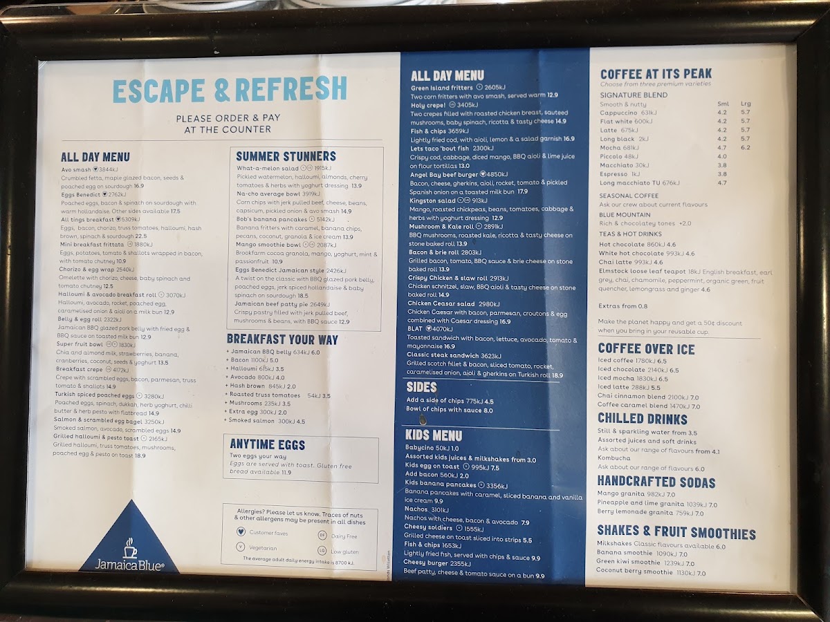 Jamaica Blue Willetton Southlands menu board