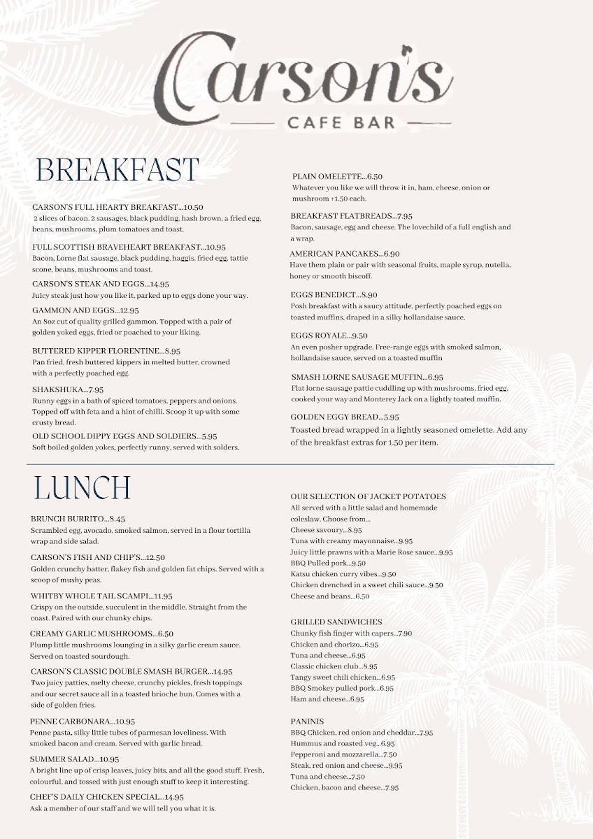 Carsons Cafe Bar menu board