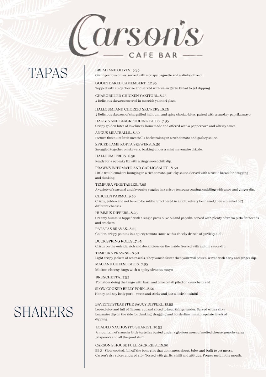 Carsons Cafe Bar menu board