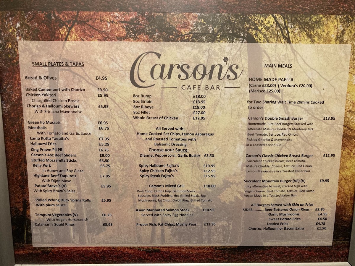 Carsons Cafe Bar menu board