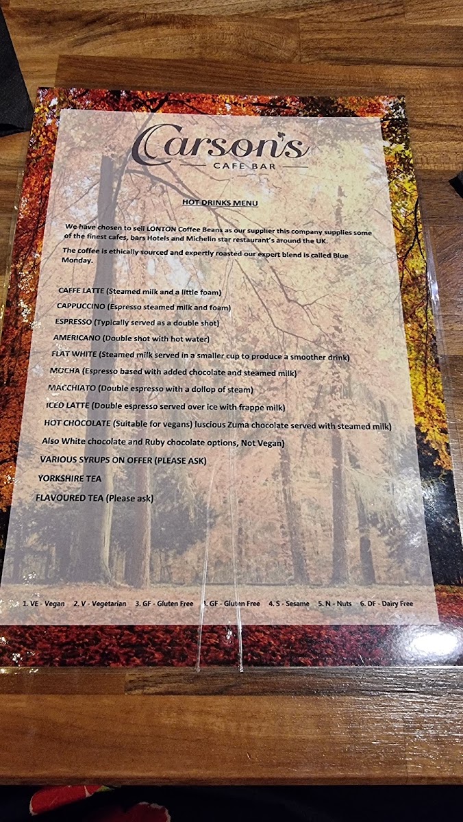 Carsons Cafe Bar menu board
