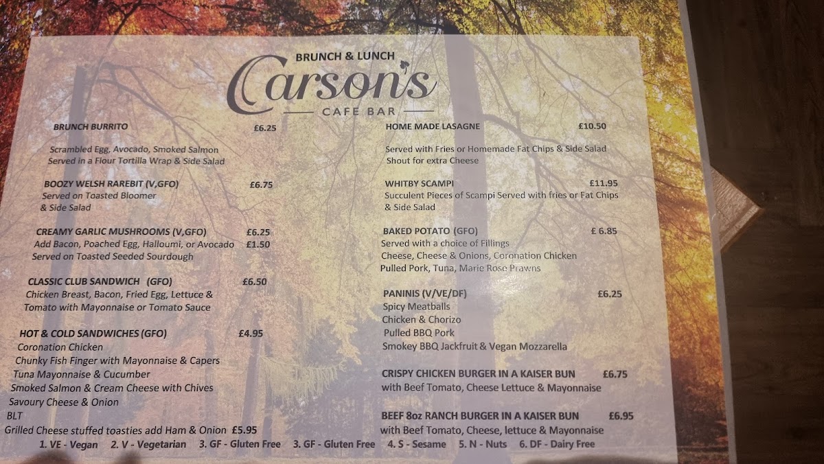Carsons Cafe Bar menu board