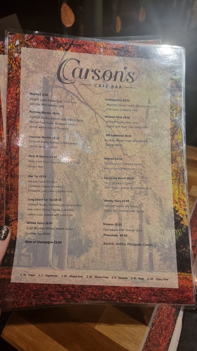 Carsons Cafe Bar menu board