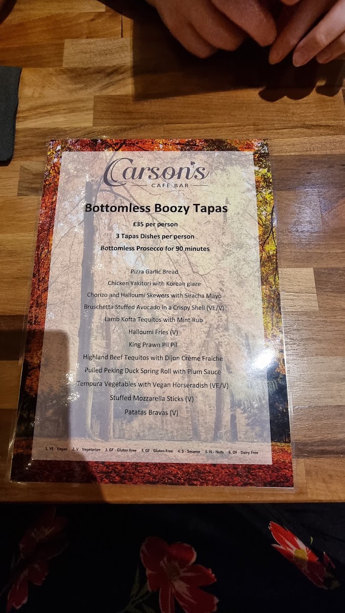 Carsons Cafe Bar menu board