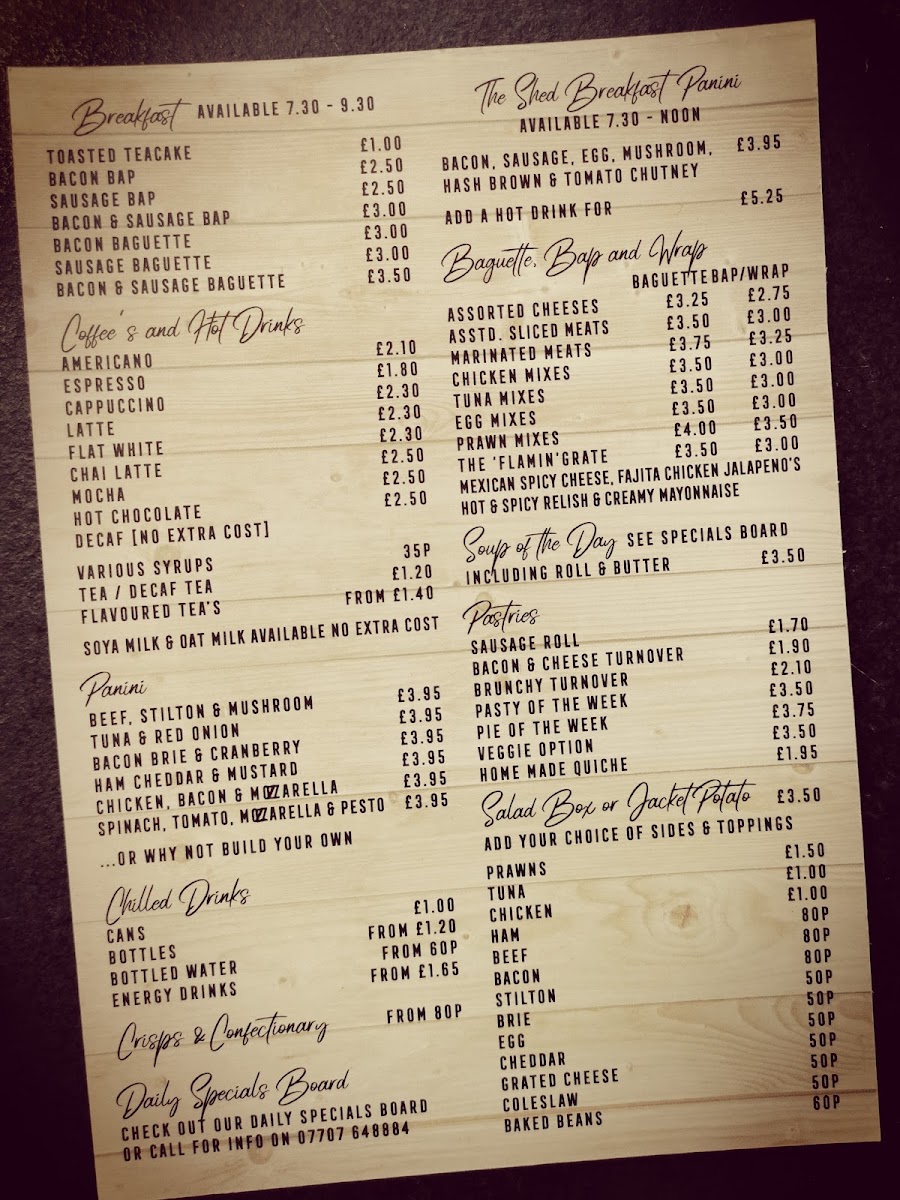 The Shed sandwich bar menu board
