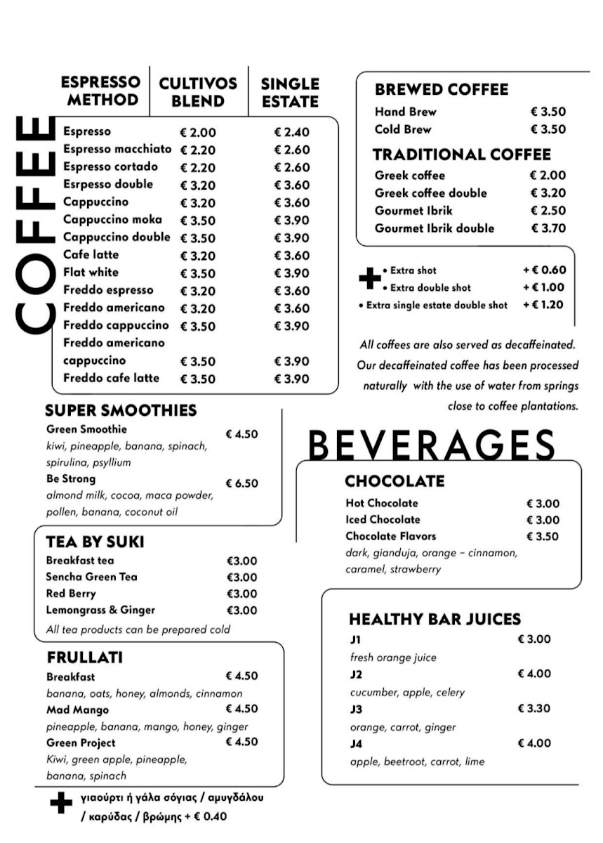 Cultivos coffee Exarchia menu board