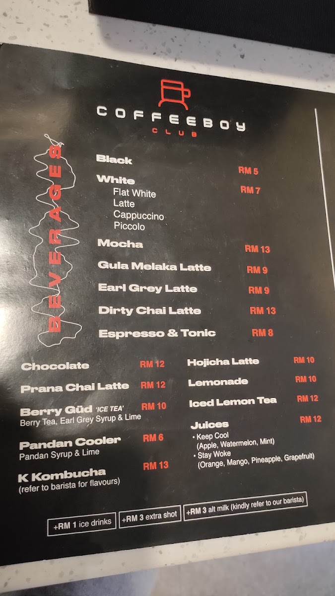 Coffeeboy Club @ The Gasket Alley menu board
