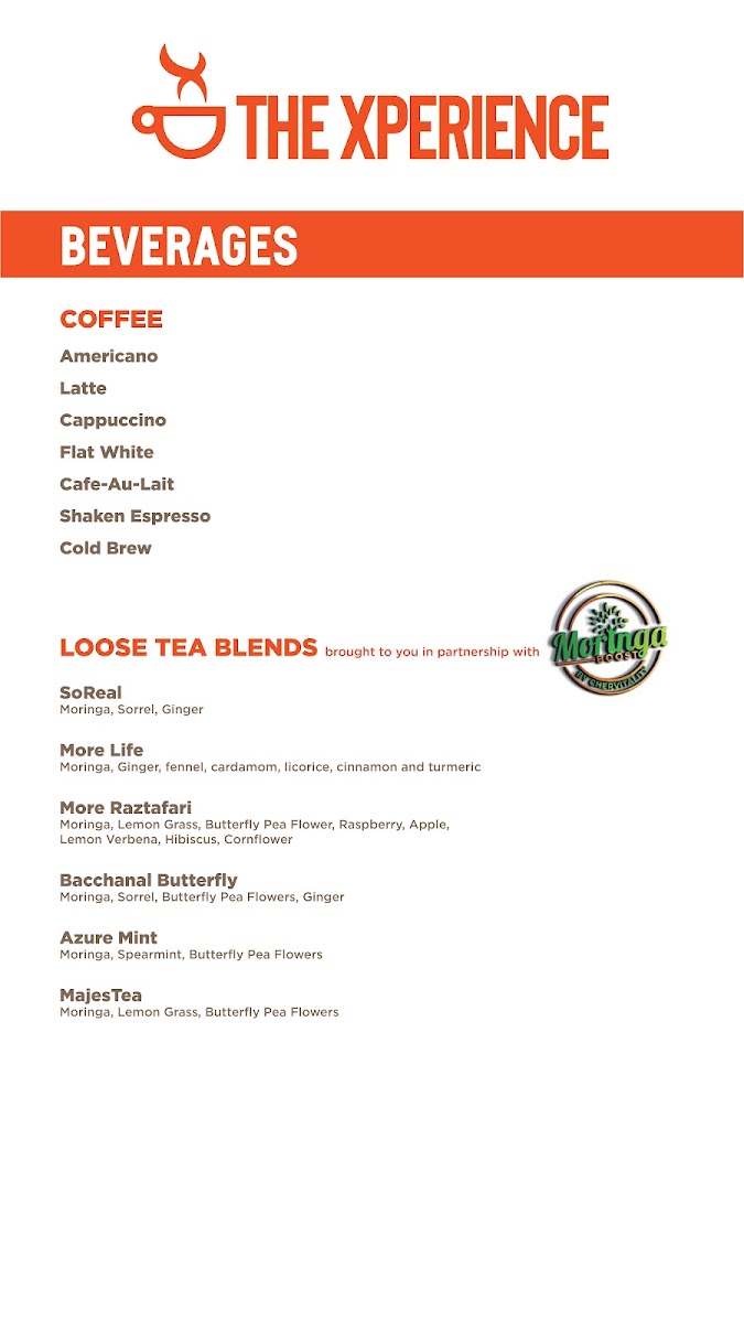 The Xperience Coffee House & Juice Bar menu board