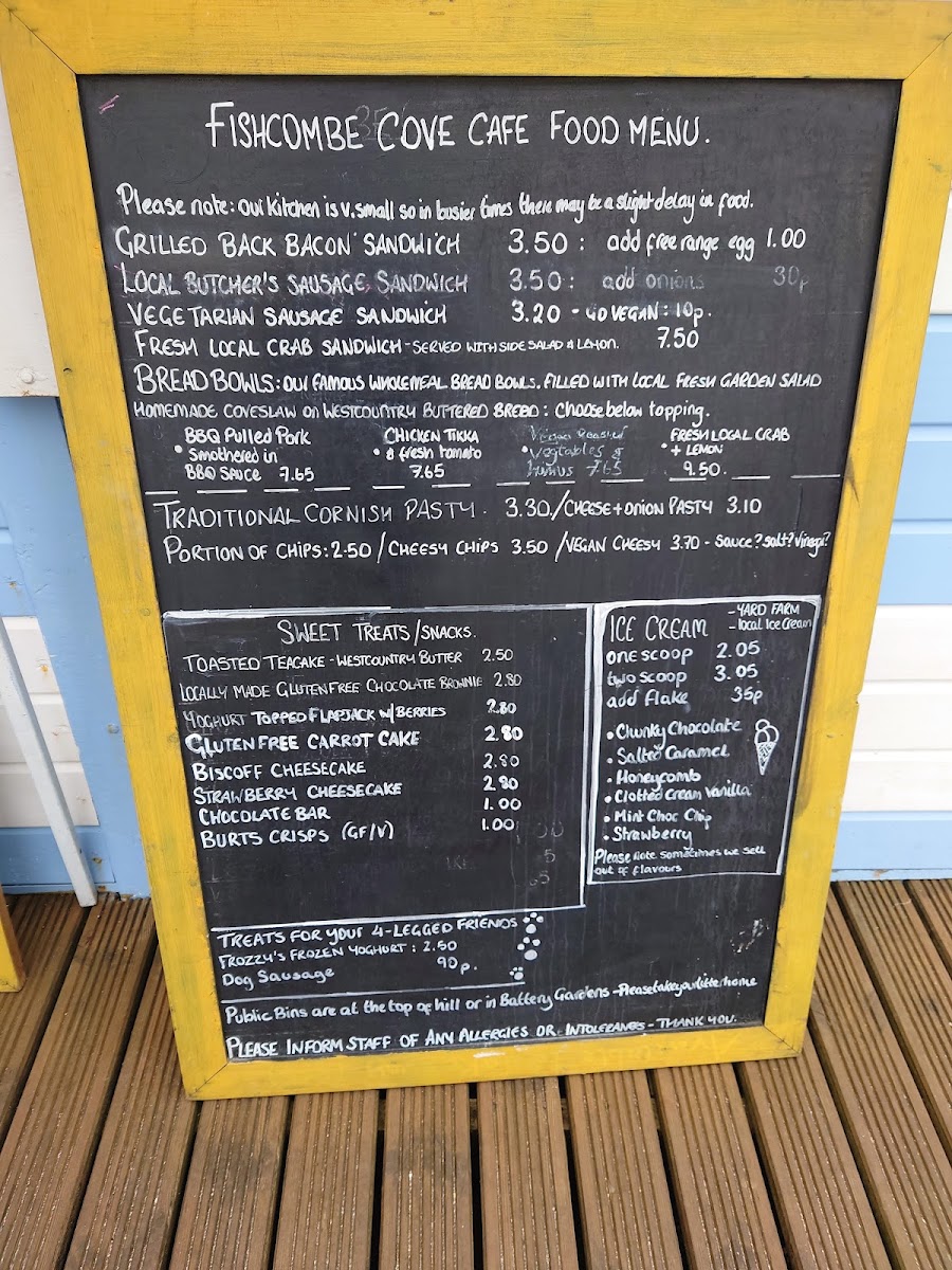 Fishcombe Cove Cafe/Bar menu board