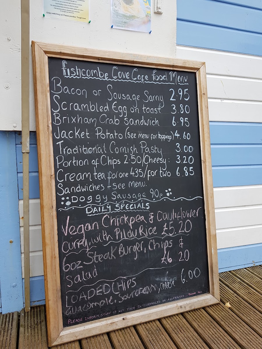 Fishcombe Cove Cafe/Bar menu board