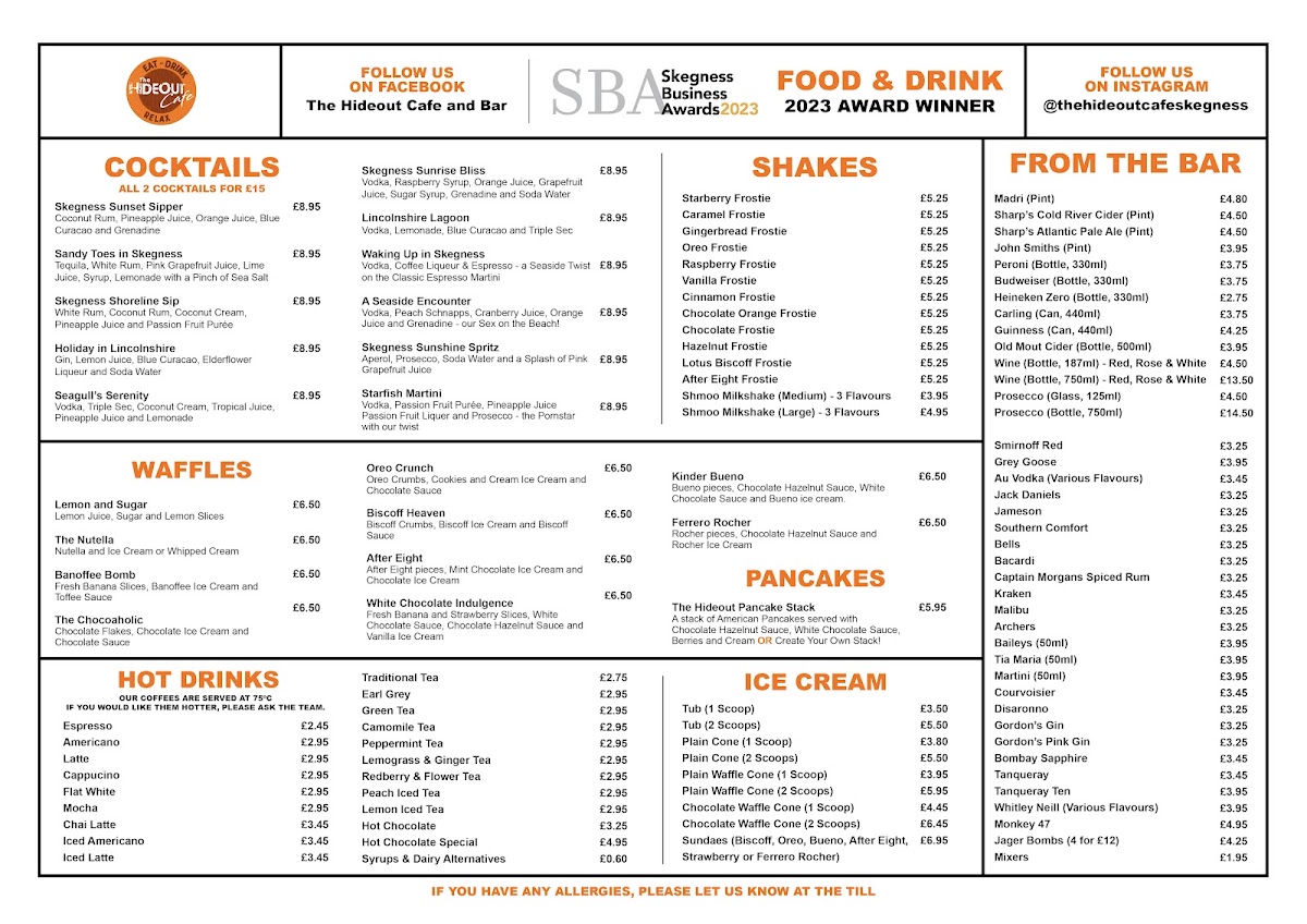 Hideout Café and Bar menu board