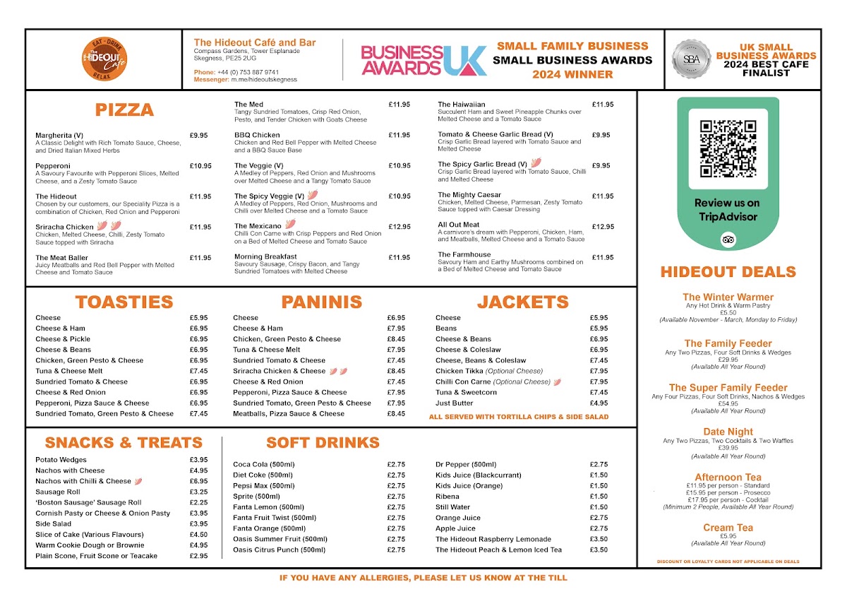 Hideout Café and Bar menu board