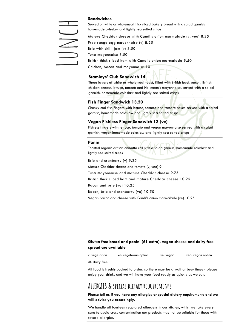 Bramleys Cafe and Cakery menu board