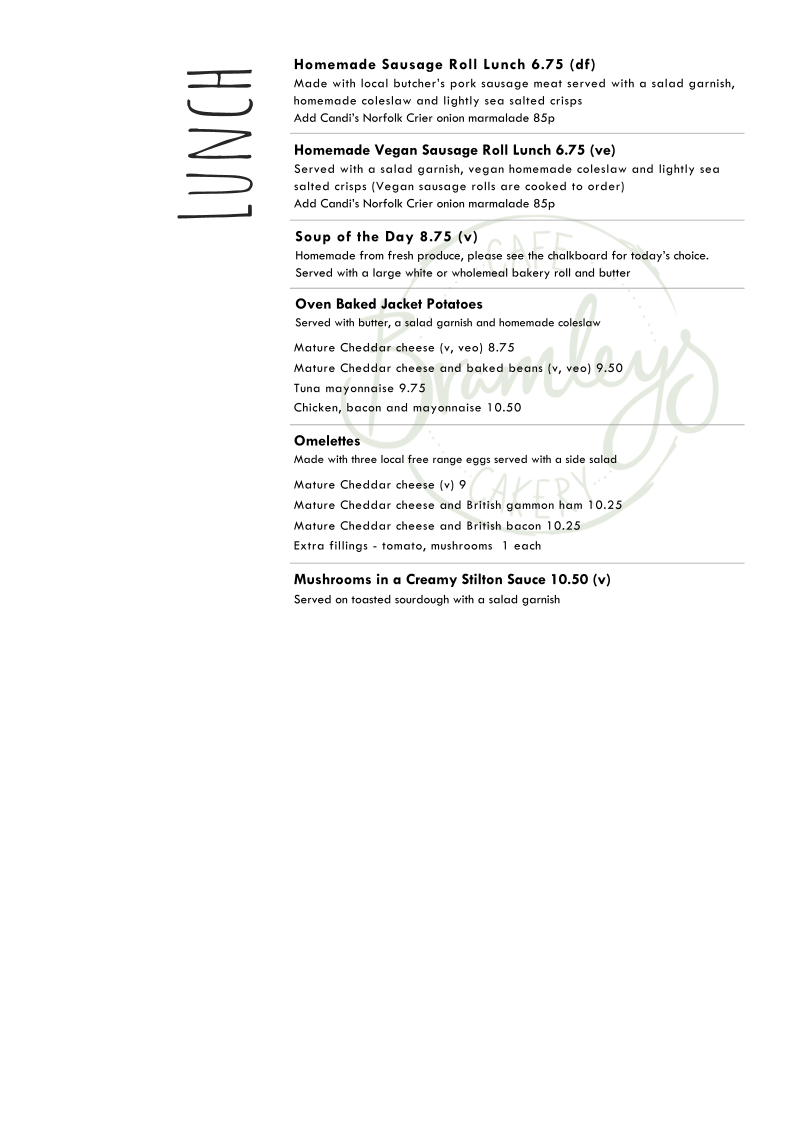 Bramleys Cafe and Cakery menu board