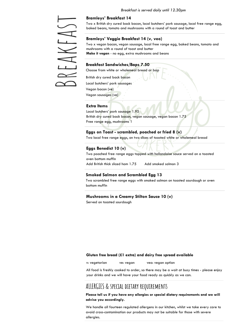 Bramleys Cafe and Cakery menu board