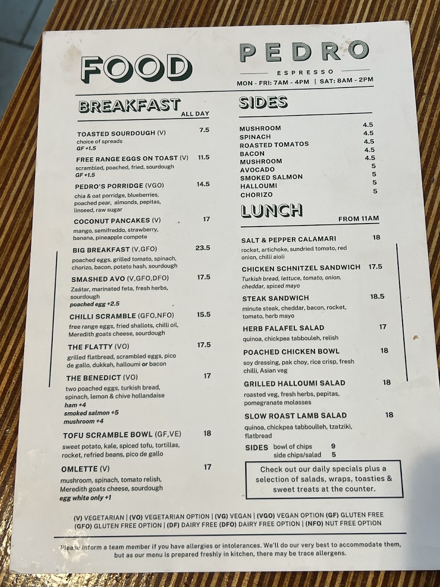 Pedro Espresso menu board