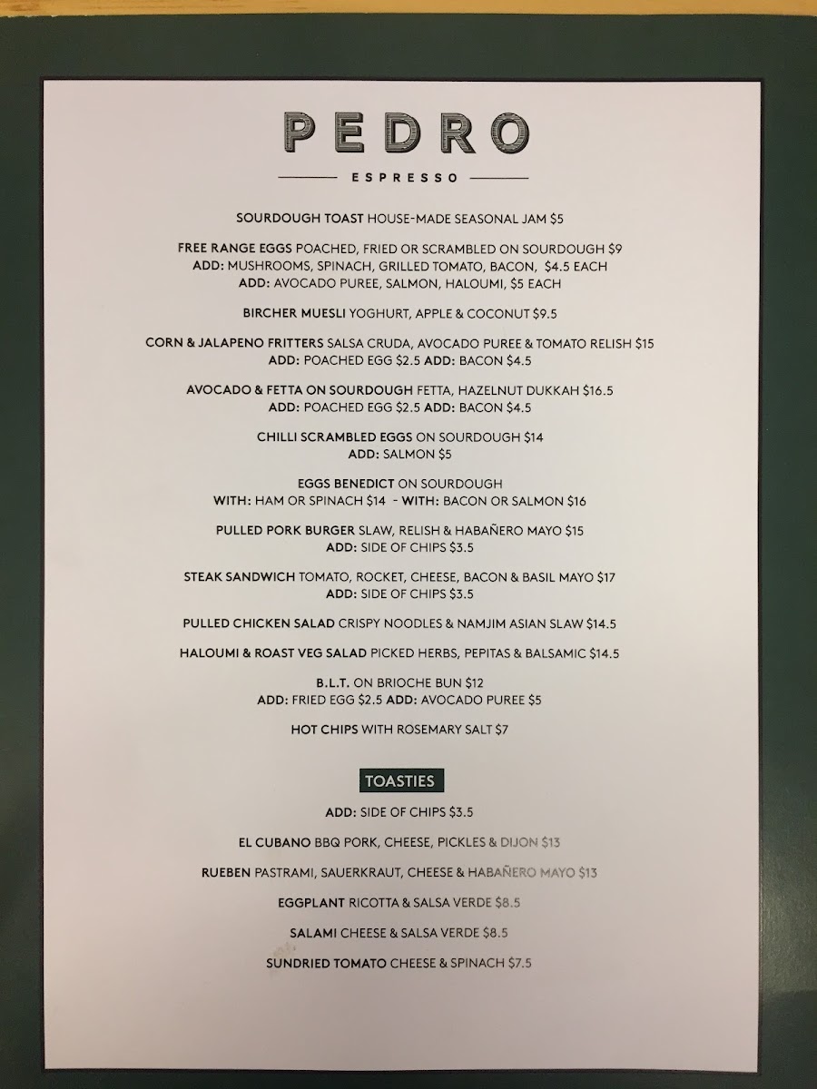 Pedro Espresso menu board
