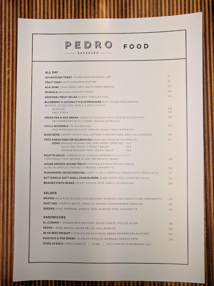 Pedro Espresso menu board