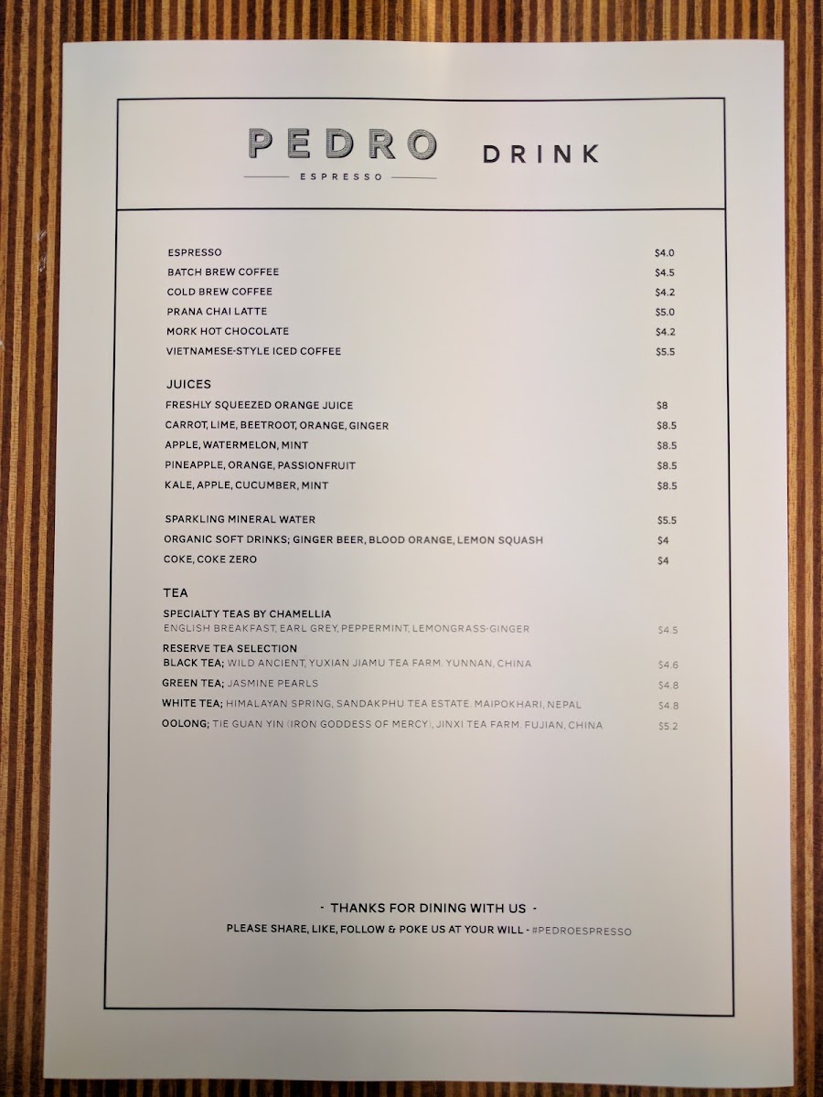 Pedro Espresso menu board