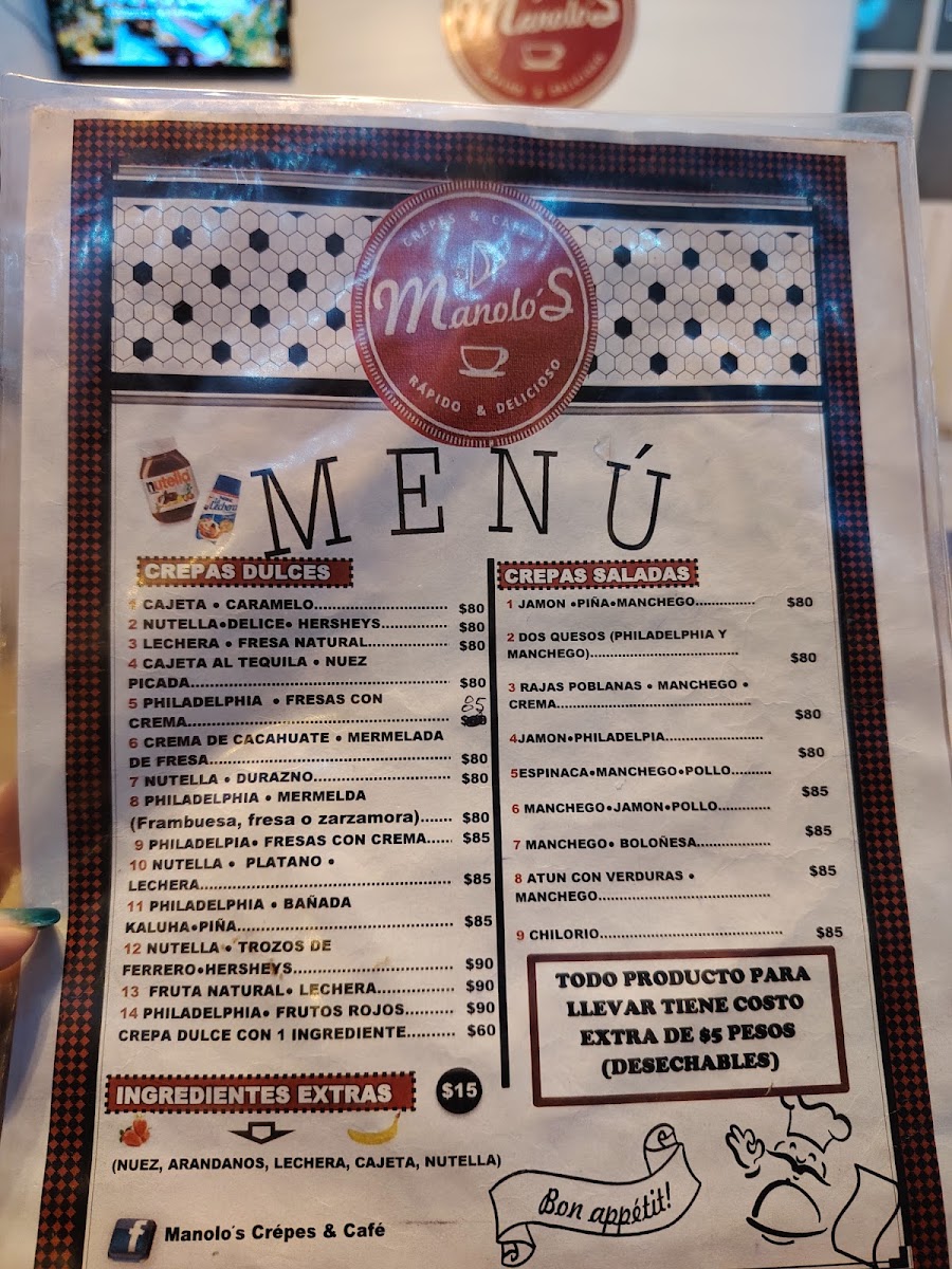 Manolo's Crêpes & Café menu board