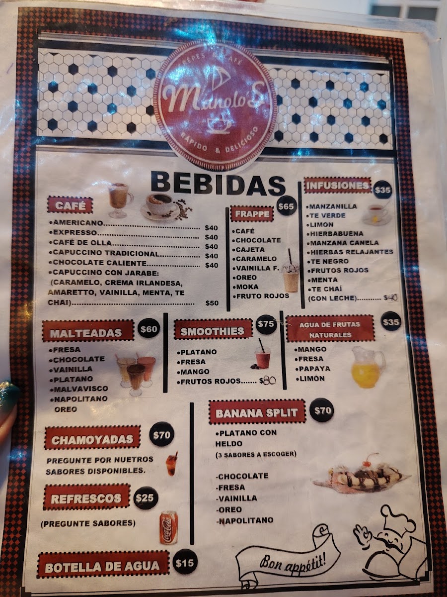 Manolo's Crêpes & Café menu board