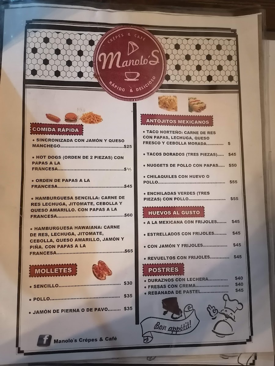 Manolo's Crêpes & Café menu board
