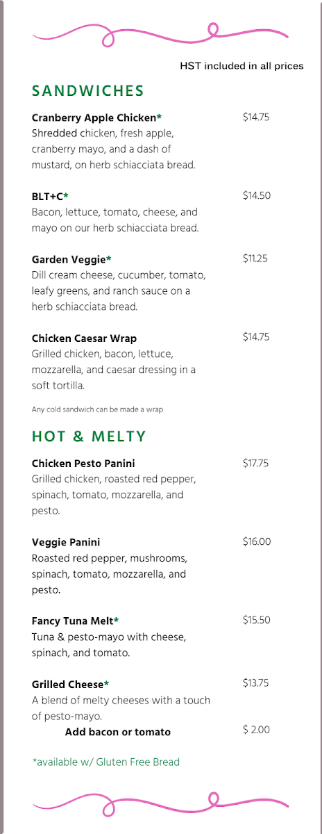 The Pink Piano Cafe & Lounge menu board