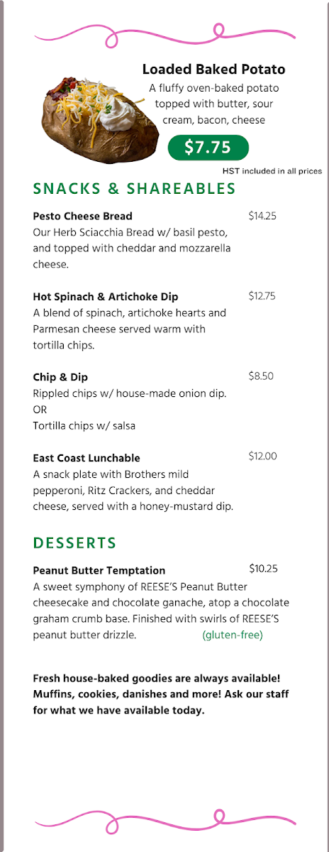 The Pink Piano Cafe & Lounge menu board