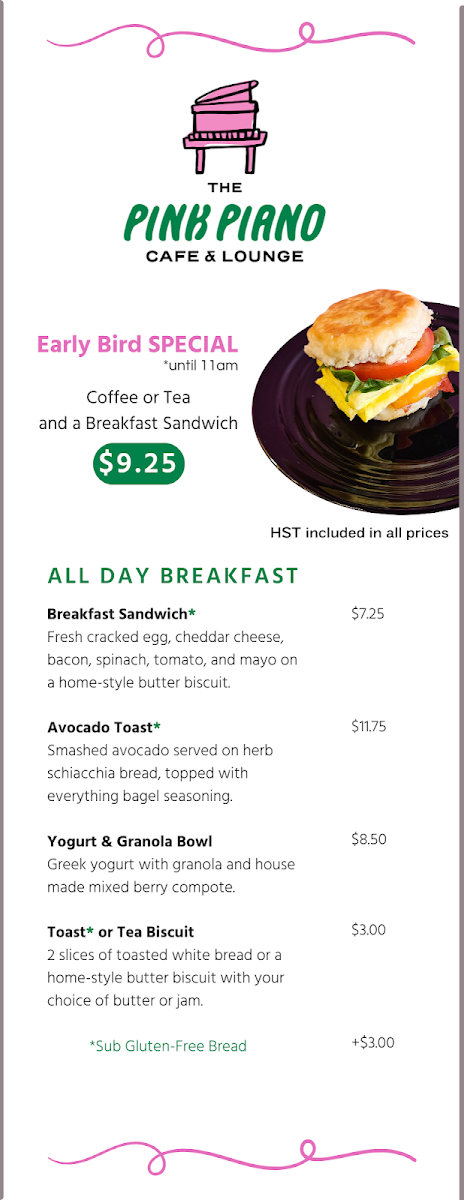 The Pink Piano Cafe & Lounge menu board