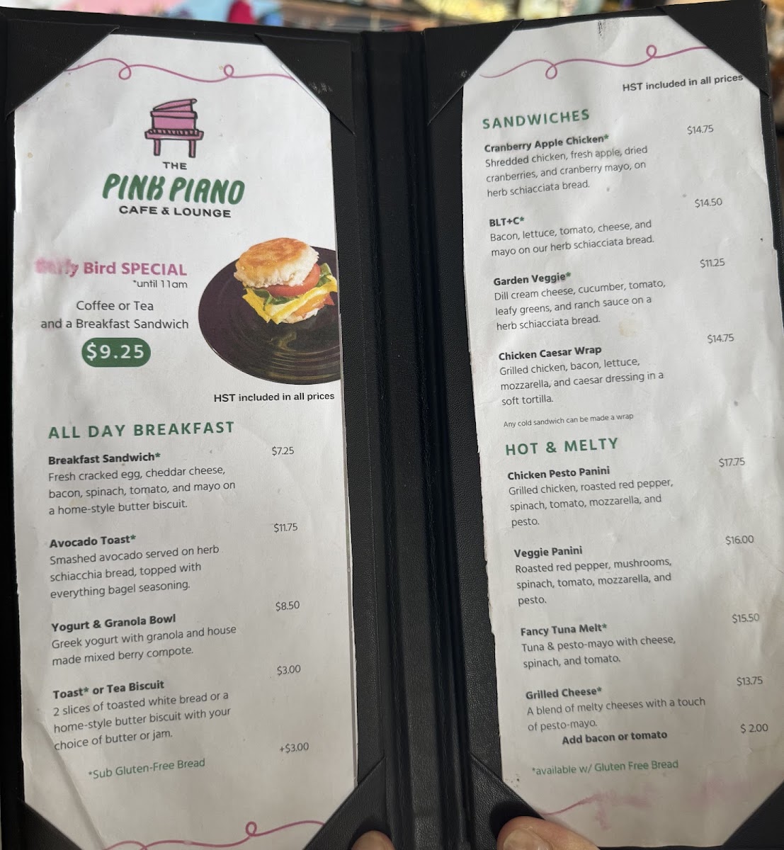 The Pink Piano Cafe & Lounge menu board