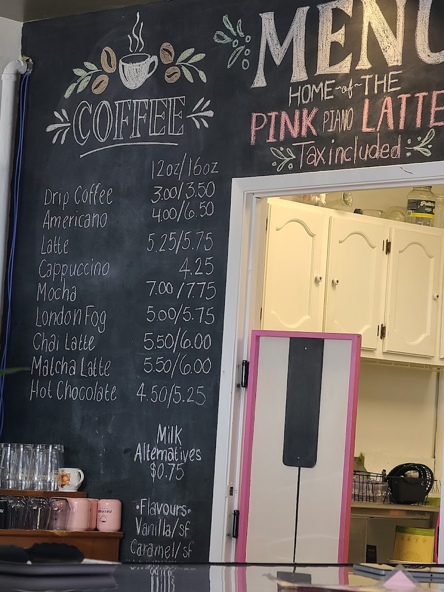 The Pink Piano Cafe & Lounge menu board