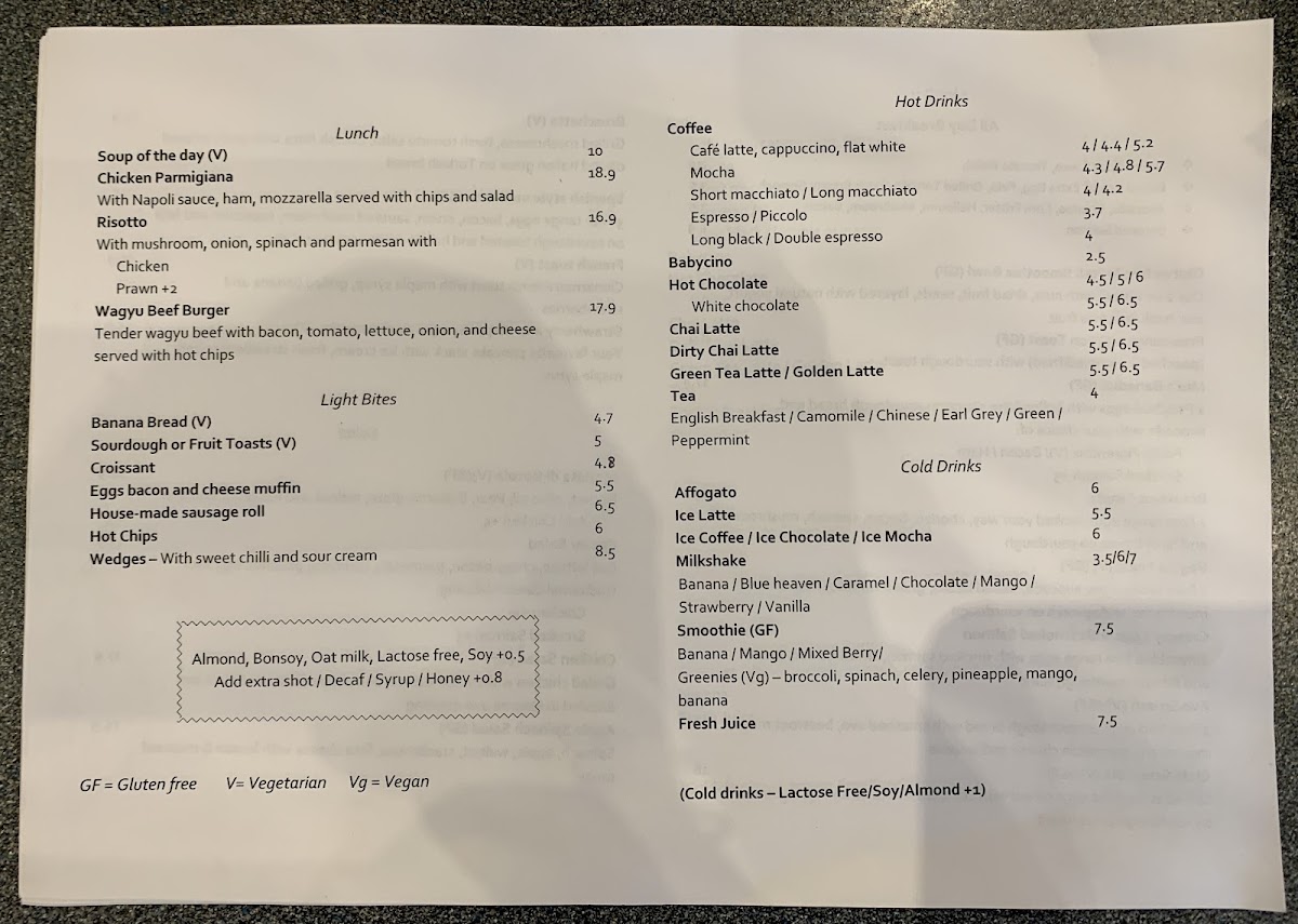 Middleborough Latte Cafe menu board