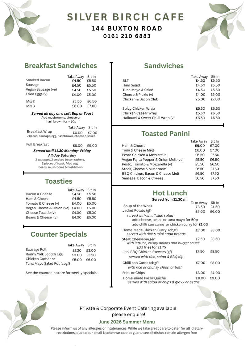 Silver Birch Cafe menu board