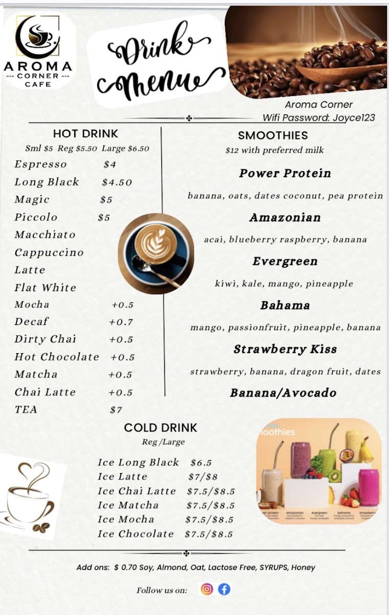 Aroma Corner Cafe menu board
