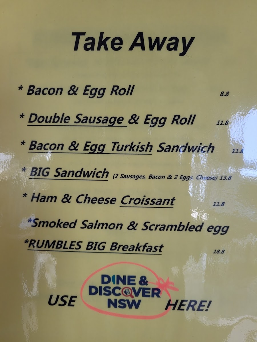 Rumbles Fine Cafe Eastwood menu board
