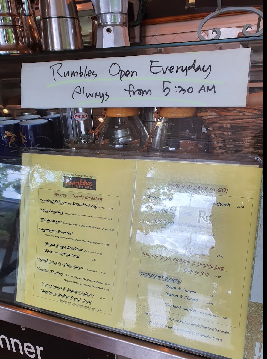 Rumbles Fine Cafe Eastwood menu board