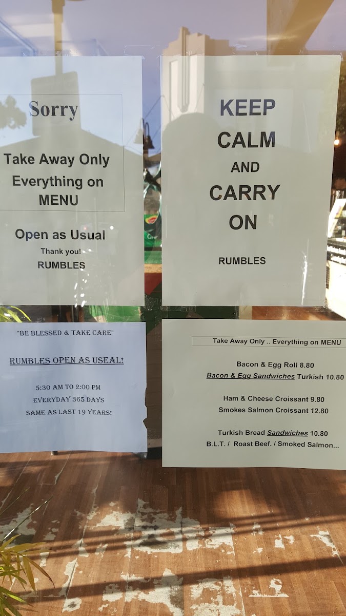 Rumbles Fine Cafe Eastwood menu board