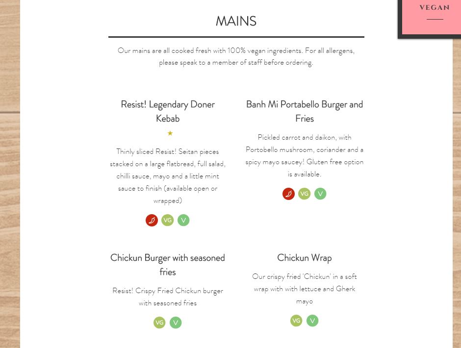 Resist! Vegan Kitchen - Kings Lynn menu board