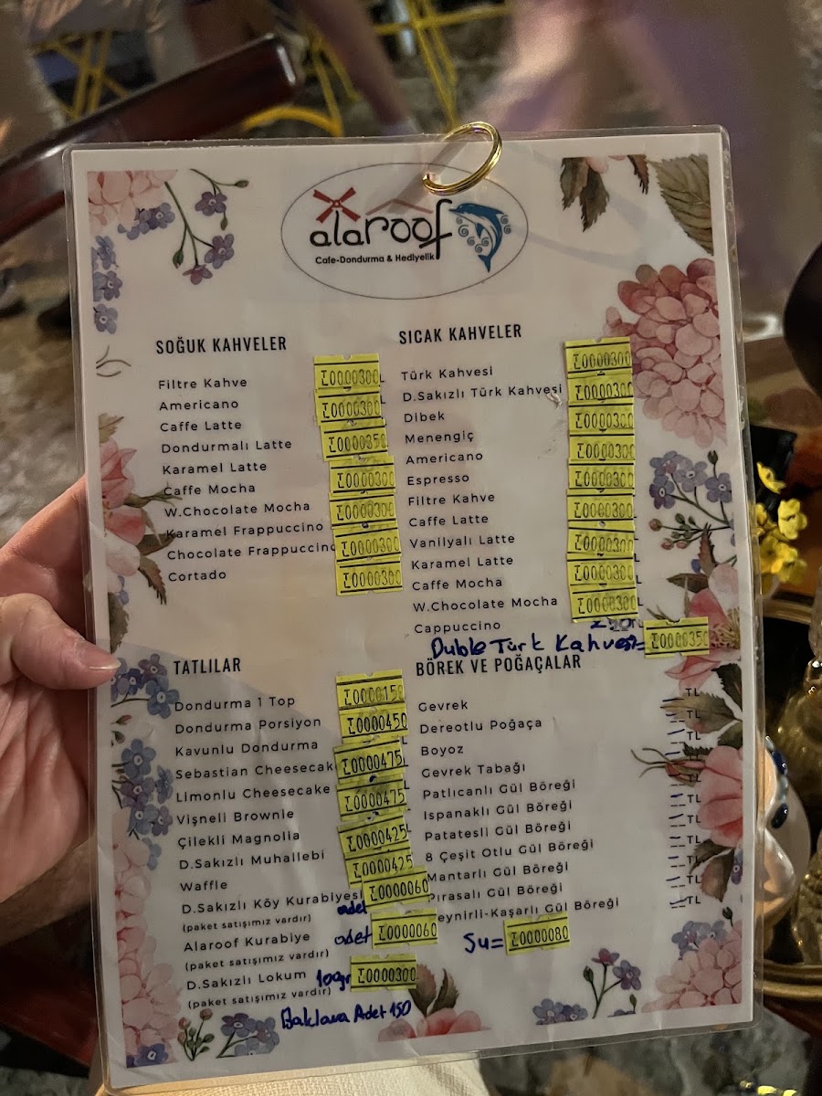 alaroof cafe dondurma hediyelik menu board